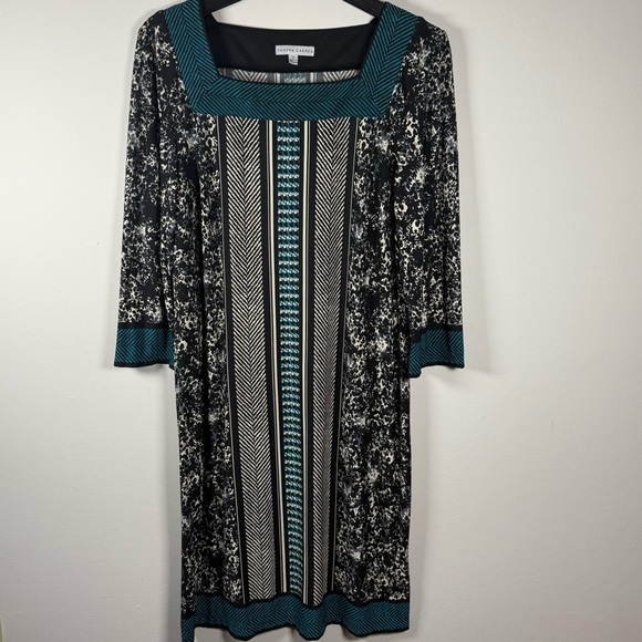 Sandra Darren Sheath Tribal 3/4 Sleeves Swuare Neck Dress Size 12 - Picture 1 of 9
